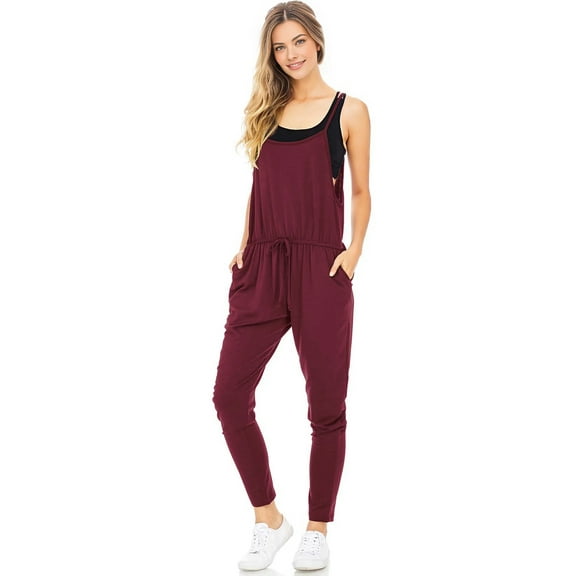 Ambiance Women's Juniors Casual Lounge Jogger Jumpsuit (Wine, Small)