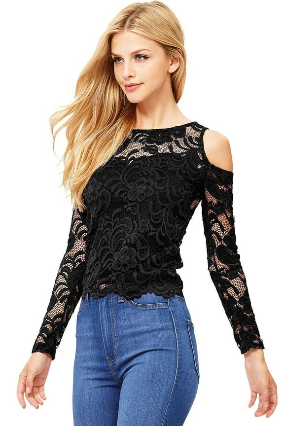 Women's Juniors Long Sleeve Lacey Crop Top (S, Black)