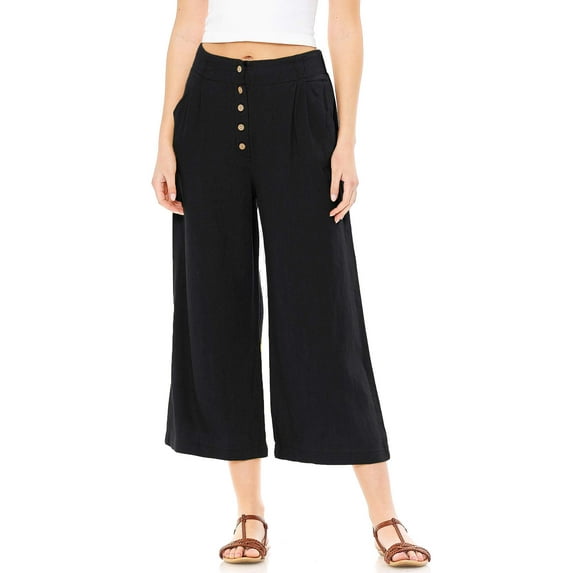 Ambiance Women's Juniors Summer Linen Wide-Leg Culotte Pants (Black, Small)