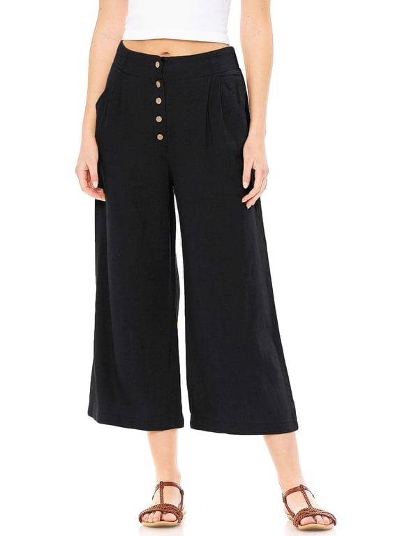 Women's Juniors Summer Linen Wide-Leg Culotte Pants (Black, Small)