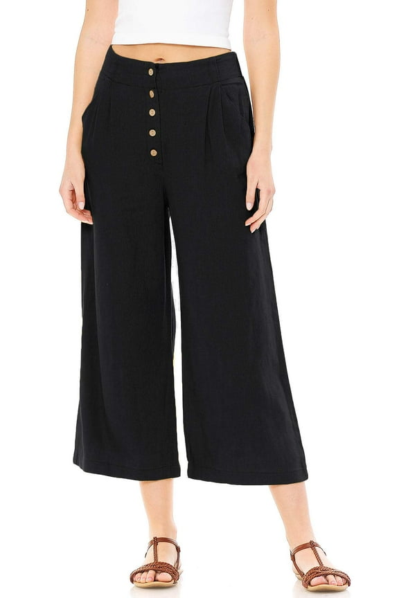 Women's Juniors Summer Linen Wide-Leg Culotte Pants (Black, Small)