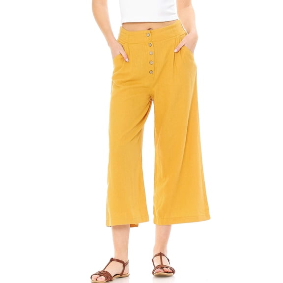 Ambiance Women's Juniors Summer Linen Wide-Leg Culotte Pants (Mustard, Medium)