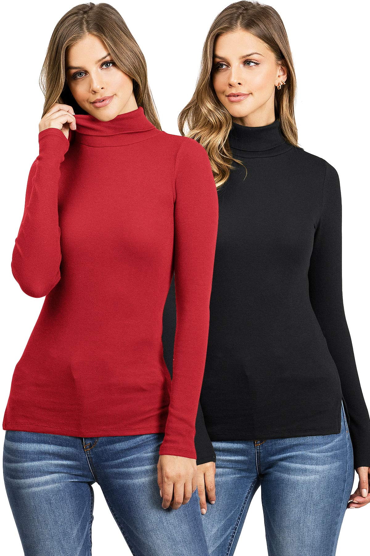 Ambiance Women s Juniors Turtleneck Long Sleeve Ribbed Basic Top 2 PK Small Black Red Walmart
