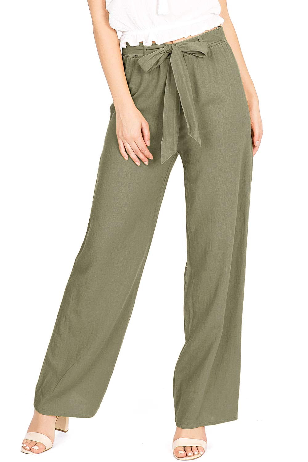 Ambiance Women's Juniors Wide Leg Spring Linen Pants (Olive, Medium) 