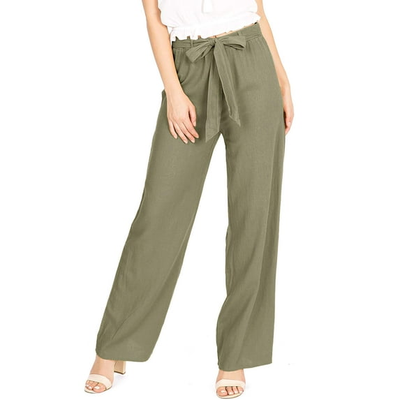 Ambiance Women's Juniors Wide Leg Spring Linen Pants (Olive, Medium)
