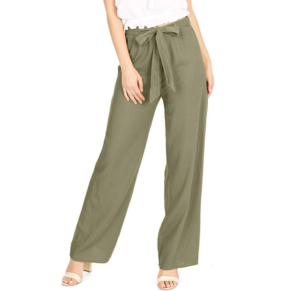 Ambiance Women's Juniors Wide Leg Spring Linen Pants (Olive, Small)