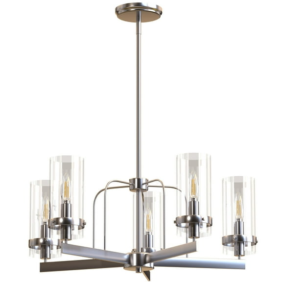 Ambiate Lucia 5-Light Chandelier Fixture, Satin Nickel Finish, Glass Shades, Adjustable Height, Five Candelabra Base Sockets (E12), Dimmable, For Dining Areas, Kitchen Islands, Entryways, ETL Listed