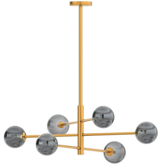 Ambiate Stango Chandelier Light Fixture, Gold Finish, Smoked Glass Globe Shades, Sputnik Design, Adjustable Height, Six G9 Sockets (15W Max), Dimmable, For Dining Areas, Entryways, ETL Listed
