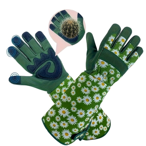 Ambidextrous thorn-proof gardening gloves, latex & lead free polyester, touchscreen friendly, reinforced fingertips plus long sleeves for pruning and outdoor jobs.
