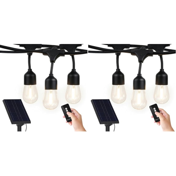 Ambience Pro - Solar Power Remote Control Outdoor String Lights with Edison Bulbs - Shatterproof, Commercial Grade LED Patio Lights - 1W, 3,000K, , 48 ft (Pack of 2)