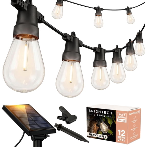 Ambience Pro Solar Powered Outdoor String Lights -27 ft Commercial Grade Waterproof Edison Patio Lights, Shatterproof LED String Lights for Outside, Porch - 12 Bulbs, 1W Soft White