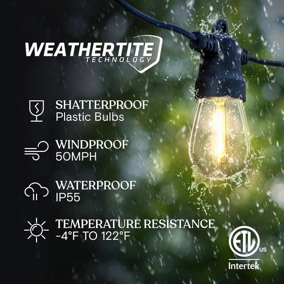 Ambience Pro Solar Powered Outdoor String Lights, 48 ft Commercial Grade Waterproof Lights, 15 Edison Bulbs, Shatterproof LED String Lights for Outside, Porch - 1W Soft White