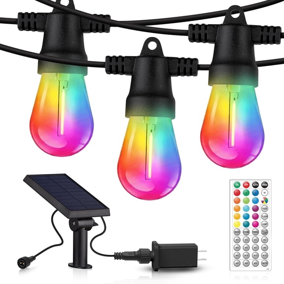 Ambience RGB Hybrid Outdoor String Lights - Dual Plug and Solar Powered Waterproof LED Light String for Outside, Camping, Patio, Cafe, Yard, Porch - Remote Control, 12 Edison Bulbs - 27ft