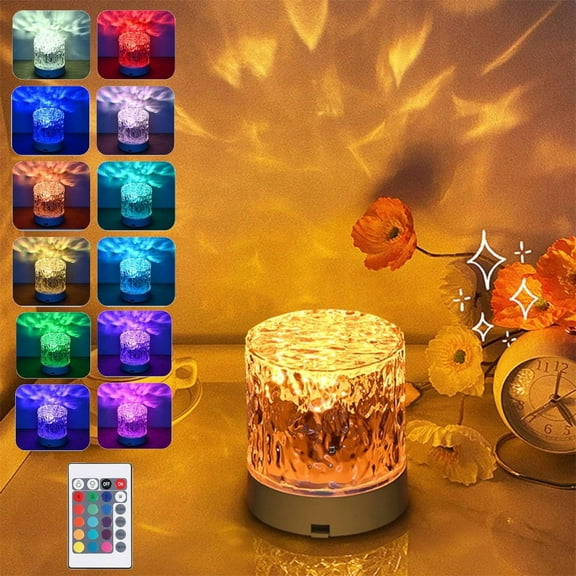 Ambient Flame Table Lamp | RGB Crystal Night Light 16 Colors Remote Control | Rotating Projection LED Bedside Lamp Acrylic | Mood Lighting for Bedroom, Living Room, Bar, Office Decor 3.35x3.74in USB