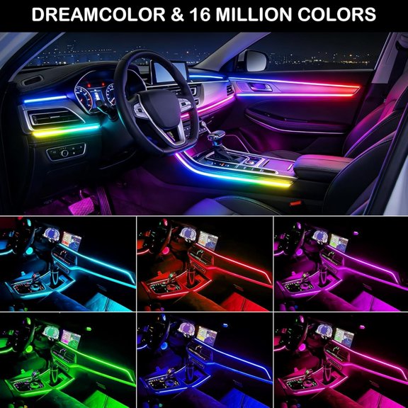 Ambient Lighting Car Led Lights Interior,57in USB Dreamcolor 2 in 1 Acrylic Neon Flexible Strip Fiber Optic LED Kits with Remote APP, RGB Music Sync for Inside car Decorations