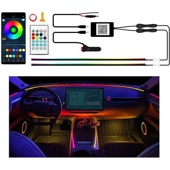 Ambient Lighting Car Led Lights Interior Kit,2PCS 43.3 inches Dream Color Acrylic Led Strips Lights for Car Interior Dashboard,DC 12V Fiber Optic Music Sync Neon Ambiance Lighting with Wireless APP