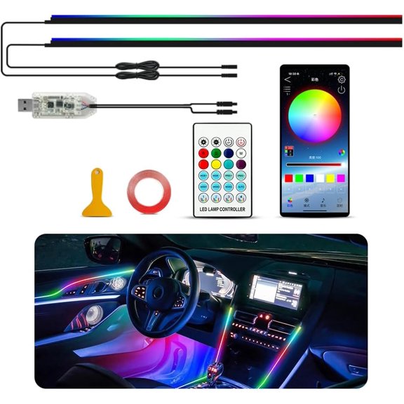 Ambient Lighting Car led Lights Interior, 43.3'' USB Powered Acrylic Neon Flexible Strip Model y Ambient Lighting kit with Remote APP,Dynamic RGB 2 in 1 Music Lights Sync for Inside car Decorations
