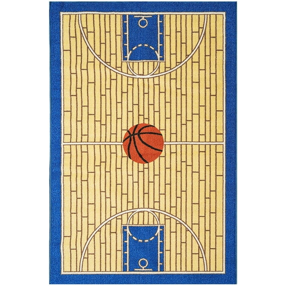 Ambient Rugs 695 Basketball Blue 4'5"x6'9" Kid Play Area Rug for Bathroom, Playroom & Kindergarten Classroom, Anti Skid Rubber Backing, Basketball Court, Rectangle, Blue