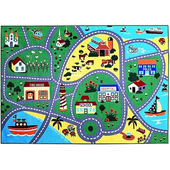 Ambient Rugs 760 City Map 3'3"x5' City Street Map Kids Rug for Nursery, Playroom, Bedroom & Classroom Area, Skid Resistance Rubber Backing Washable Play Mat, Multicolor