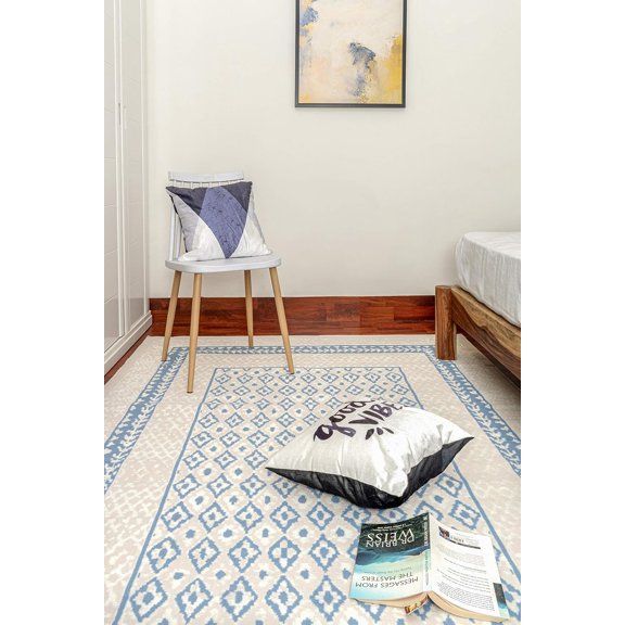 Ambient Rugs Bordered Transitional Rug - 3 ft. 6 in. x 5 ft. 6 in., Light Blue, Accent Rug with Geometric Pattern