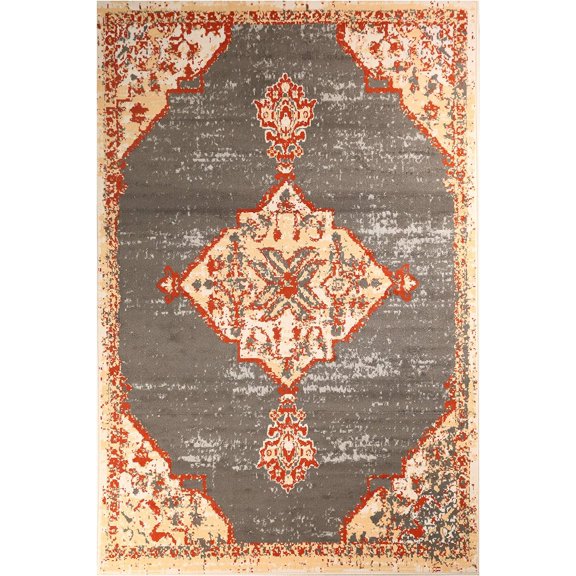 Ambient Rugs Distressed Area Rug - 3 ft. 5 in. x 5 ft. 6 in., Dark Grey, Indoor Rug with Border Design, Jute Backing