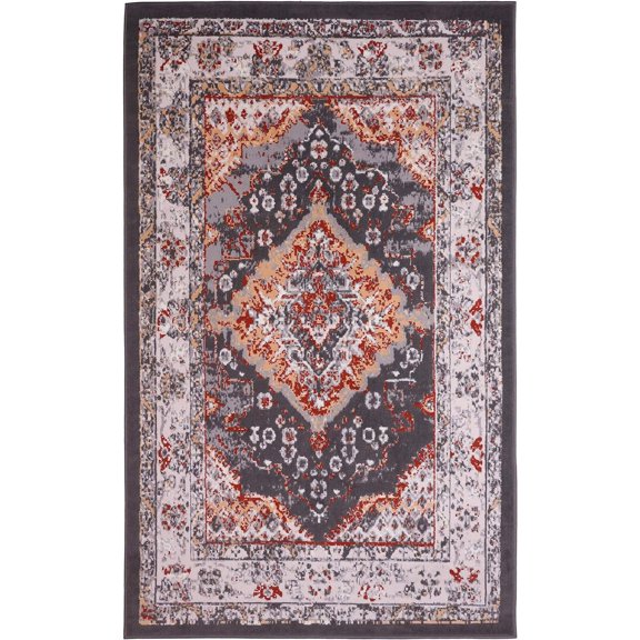 Ambient Rugs Distressed Rug - 2 ft. x 4 ft., Dark Grey, Indoor Rug with Bordered Design, Jute Backing