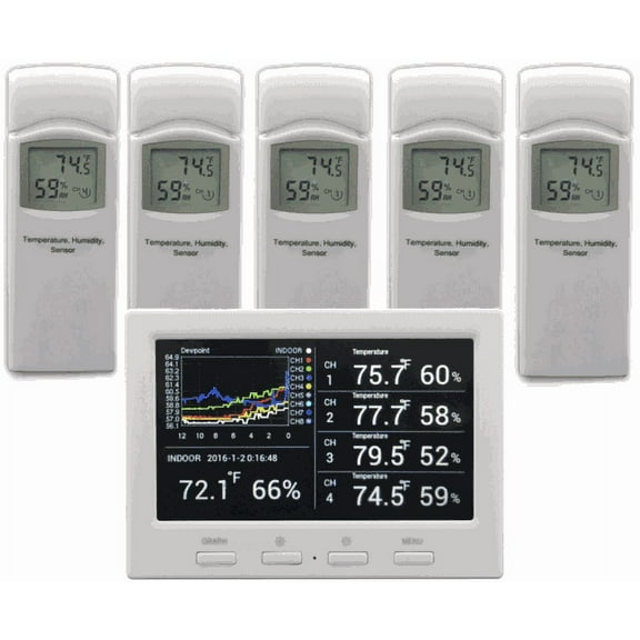 Ambient Weather WS-3000-X5 Wireless Thermo-Hygrometer with Logging, Graphing, Alarming, Radio Controlled Clock with 5 Remote Sensors