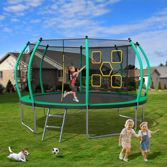 Ambifirner 12FT Jungle King Trampoline | Forest Green/Black Coating, Recreational Trampoline with Enclosure Net & Ladder, 144in Round Design for Ball Games + Triple-Layer Safety Net