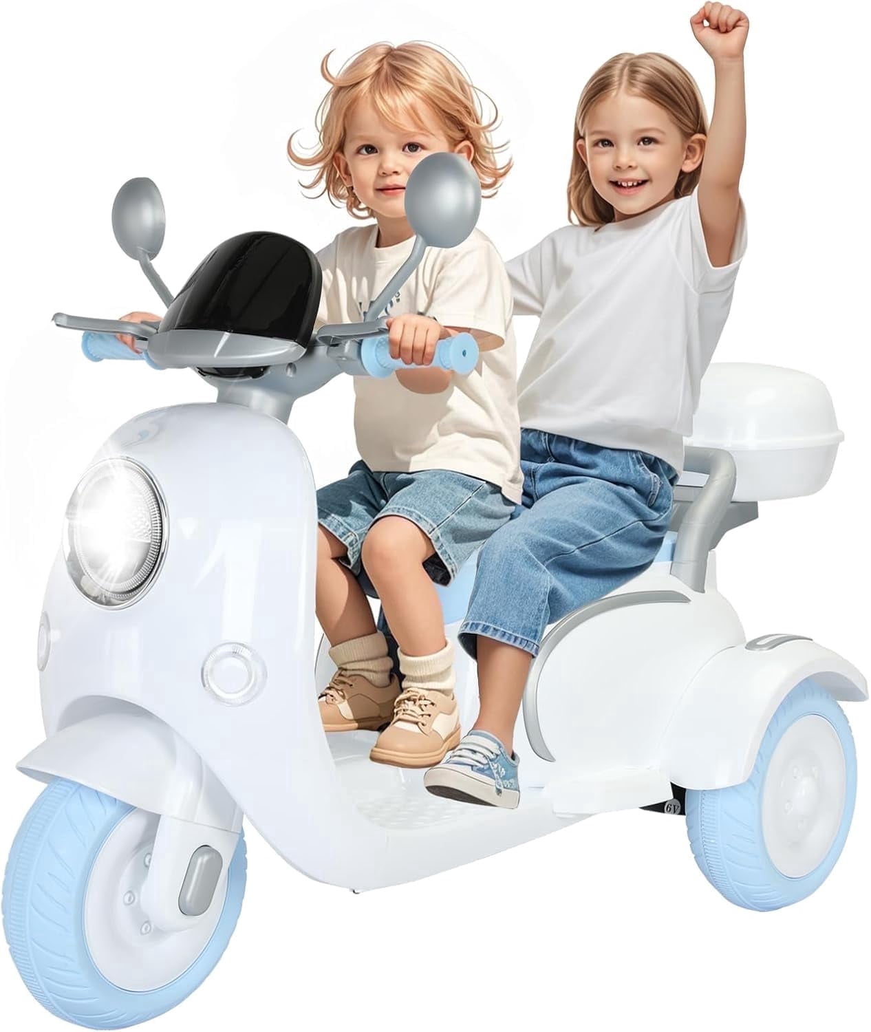 Ambifirner 12V Ride On Motorcycle:Electric Moped Scooter, 3 Wheels Eectric Motorcycle with Mp3, Bluetooth, Headlight, Storage Box