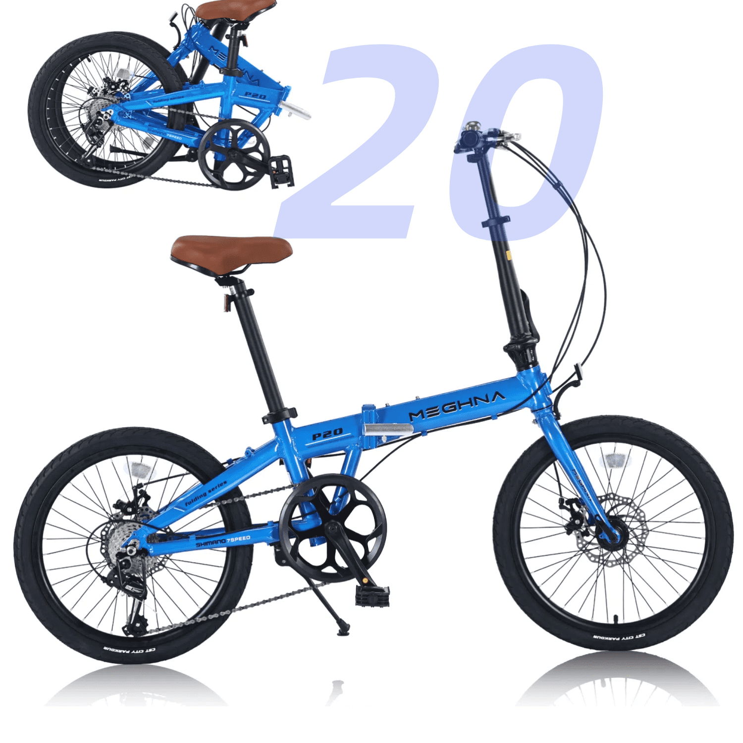 Ambifirner 20" Foldable City Bike - 7-Speed Shimano Drivetrain, Lightweight Aluminum Frame, Front/Rear Disc Brakes (Blue)
