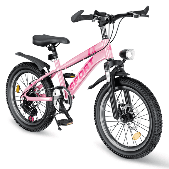 20 Inch  Mountain Bike Gift – 7-Speed Gears, Dual Disc Brakes, Shock Absorber Front Fork, LED Light – Silver & Pink