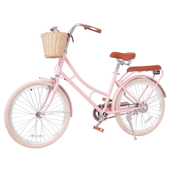 Ambifirner 22 24 inch Kids Bicycles for Ages Over 10+ Girls Youth with Rattan Basket, Dual-Rear Brake High-Carbon Steel Women Bicycle, Easy Assembly