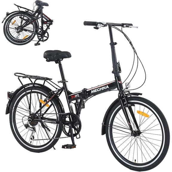 Ambifirner 24 Inch Folding Bike for Adults, Steel Frame Single Speed Commuter, Quick-Release Fold, Dual V-Brakes, Adjustable Leather Saddle, Full Fenders, Black