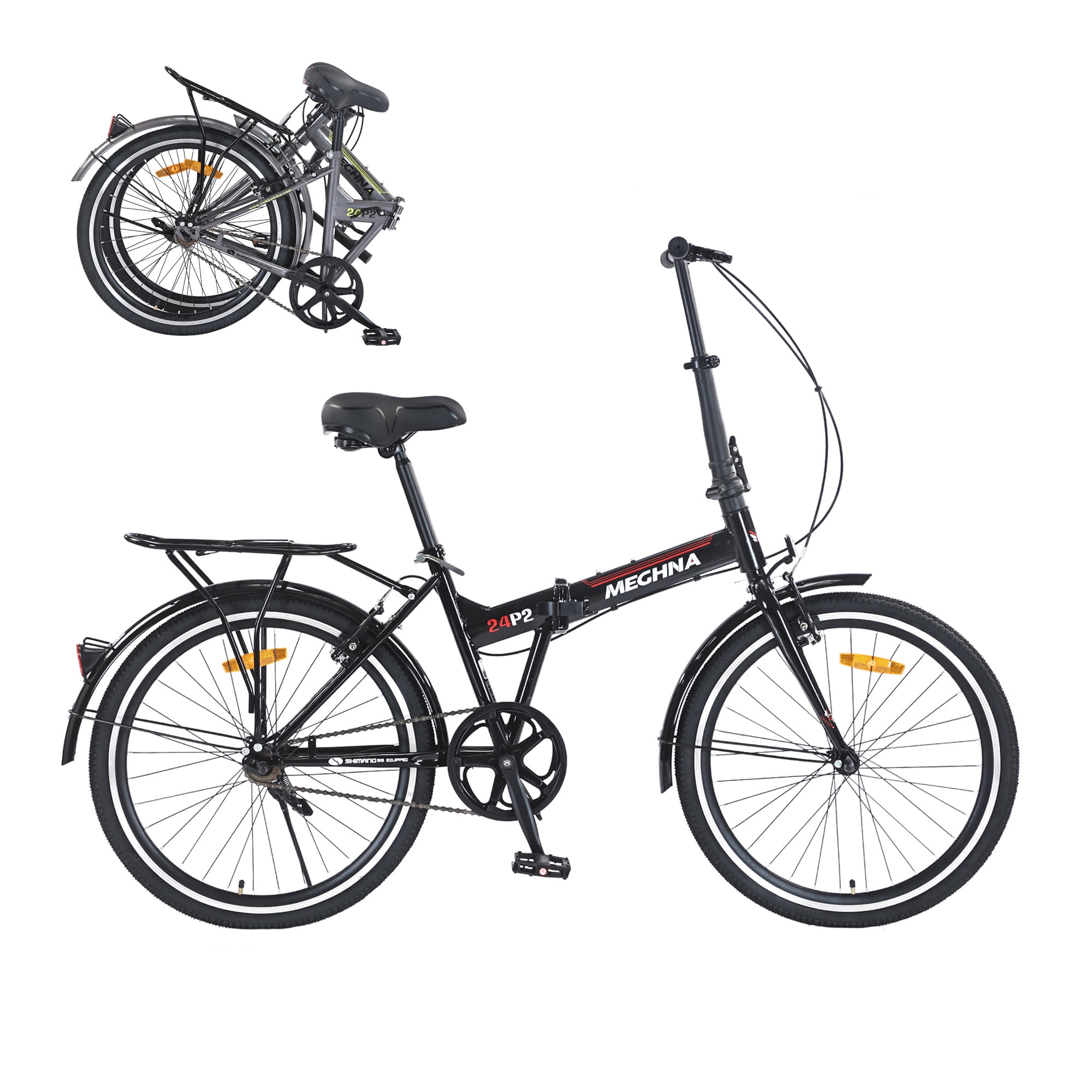 Ambifirner 24 Inch Folding Bike for Adults, Steel Frame Single Speed Commuter, Quick-Release Fold, Dual V-Brakes, Adjustable Leather Saddle, Full Fenders, Black