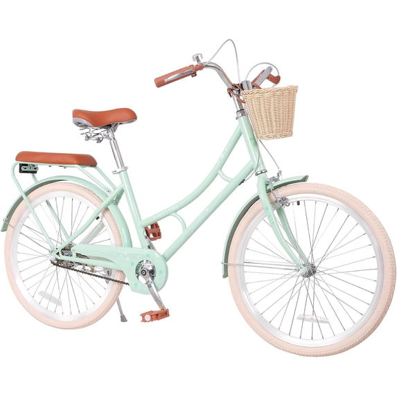 Ambifirner 24 Inch Retro Cruiser Bike for Women, Commuter Bicycle with Front Basket , High Carbon Steel Frame, Comfortable City Bike for Outdoor Riding