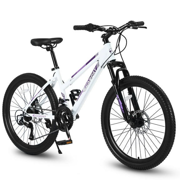 Ambifirner 24" Mountain Bike Women Bicycle Gift - Shimano 21-Speed Dual Disc Brakes & 100mm Suspension, Steel Frame (White/Pink)