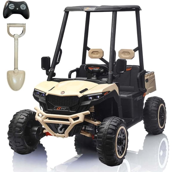 Ambifirner 24V Golf Cart, 4WD 2 Seater Ride On Car with Sun Shade, Storage Trunk & Remote Control, Electric Vehicle with LED Lights Beige
