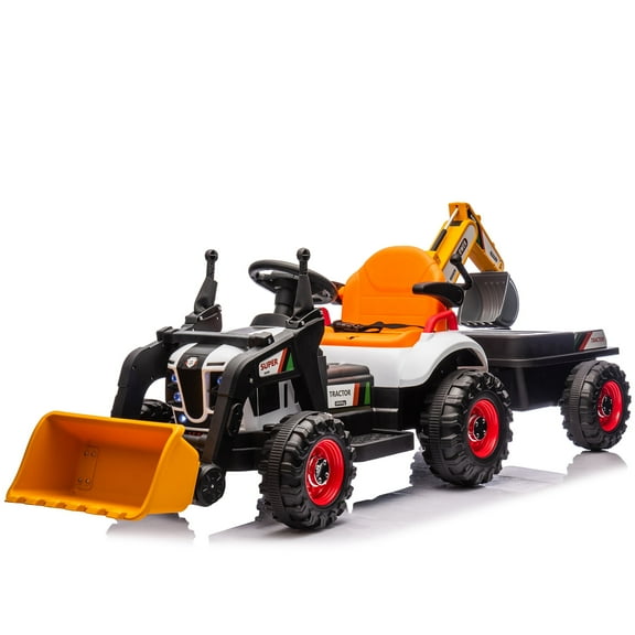 Ambifirner 24V Ride-On Electric Tractor with 4-in-1 Construction Attachments, Ride on Tractor w/Remote Control, 3-Speed Modes & LED Lights