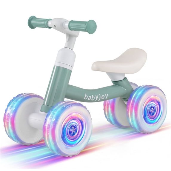 Ambifirner 4 Wheel Balance Bike with Light Up Wheels, 3 Level Adjustable Height Push Bike , No Pedal Gliding Bike with Safety Steering Limit - Green