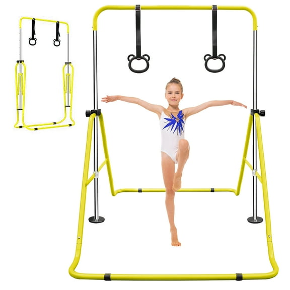 Ambifirner 51" Adjustable Kids Gymnastic Bar - Steel Foldable Horizontal Bar with Bear Rings, 34.8"-51" Height & 110LBS Capacity (Yellow)