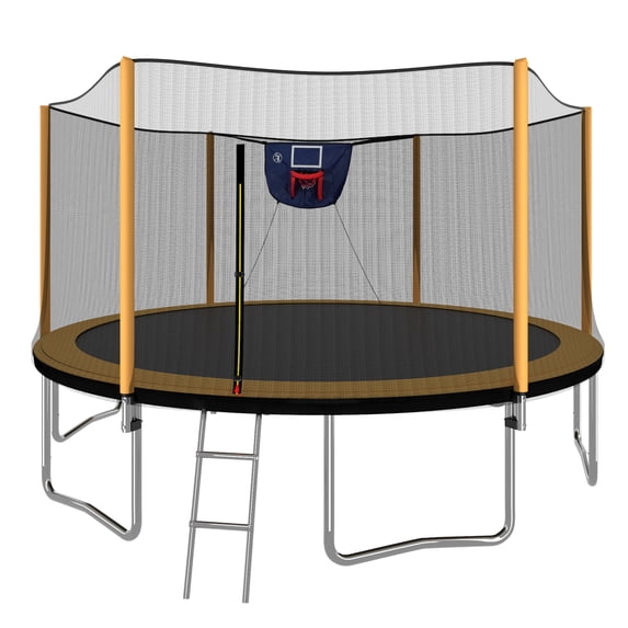 Ambifirner Advanced Series 14FT Round Outdoor Trampoline with Outer Safety Enclosure, Orange, Adjustable Basketball Hoop 6 W-Legs