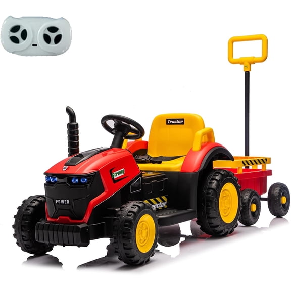 Ambifirner Ambi Kids Ride On Tractor and Trailer: 12V Powered Toy Tractor Vehicle Farm Theme Powered Ride-On with 2 Driving Modes (Remote/Manual), LED Lights, Music for Kids 3-6
