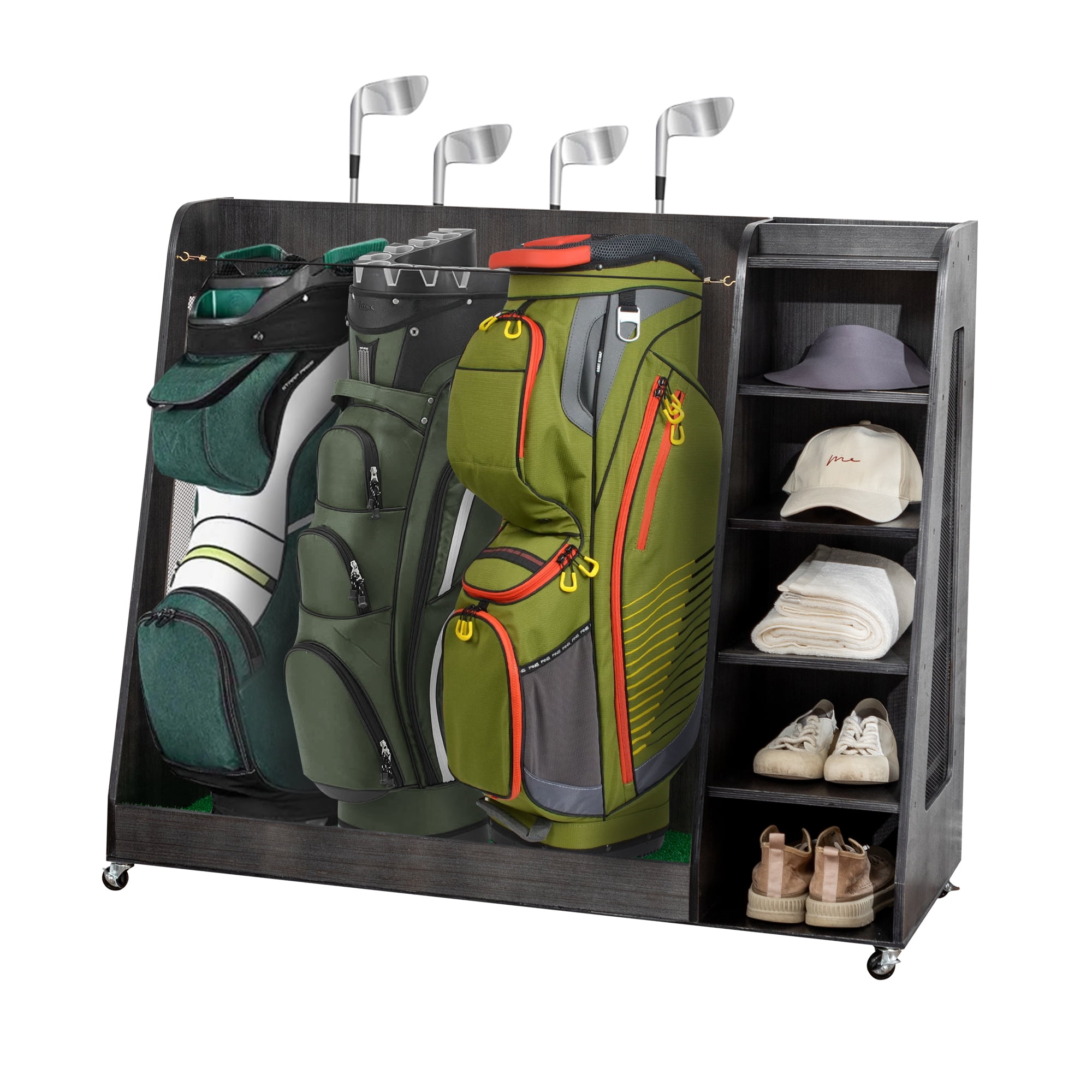 Ambifirner Gray Wooden Golf Bag Storage Rack with 3 Drawers, Holds 2 ...