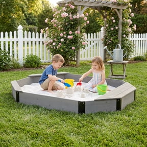Ambifirner Solid Wood Octagon Sandbox with Storage & Seats, Sandpit with Cover and Liner, Weather-Resistant for Backyard, Patio, Garden