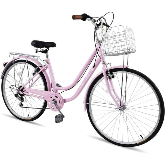Ambifirner Women's Beach Cruiser Bike, 26in City Cruiser Bikes High Carbon Steel V Brake 7 Speed Commuter Bike with Basket & Mirror