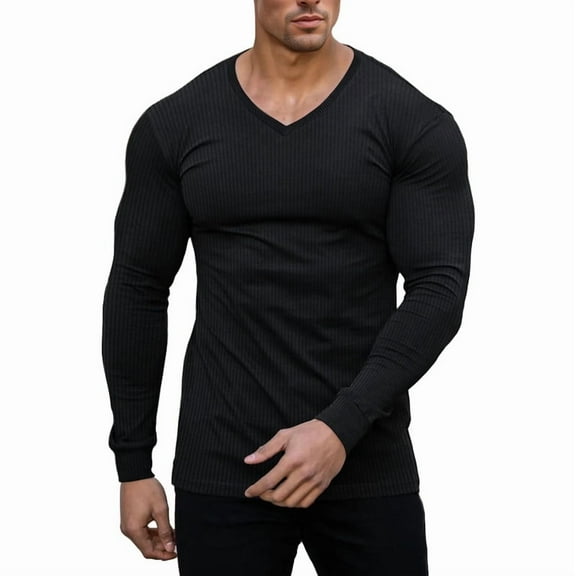 Ambiloof Men's Muscle T-Shirts V Neck Thermal Long Sleeve Tee Casual Ribbed Undershirts Black/L