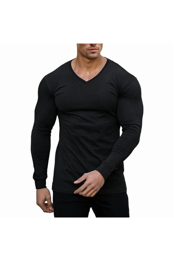 Men's Muscle T-Shirts V Neck Thermal Long Sleeve Tee Casual Ribbed Undershirts Black/L