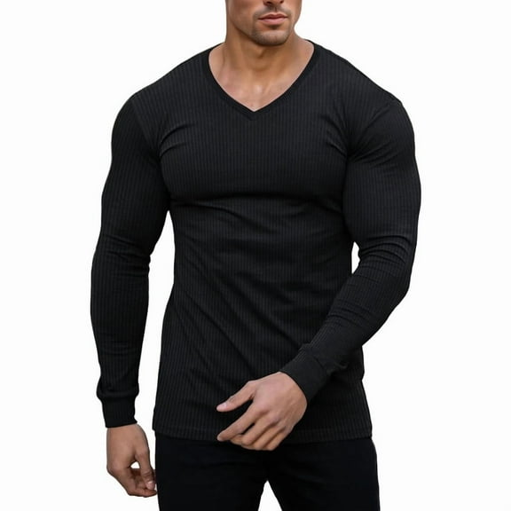 Ambiloof Men's Muscle T-Shirts V Neck Thermal Long Sleeve Tee Casual Ribbed Undershirts Black/XL