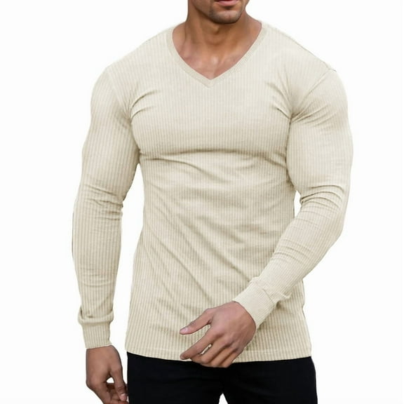 Ambiloof Men's Muscle T-Shirts V Neck Thermal Long Sleeve Tee Casual Ribbed Undershirts Khaki/L