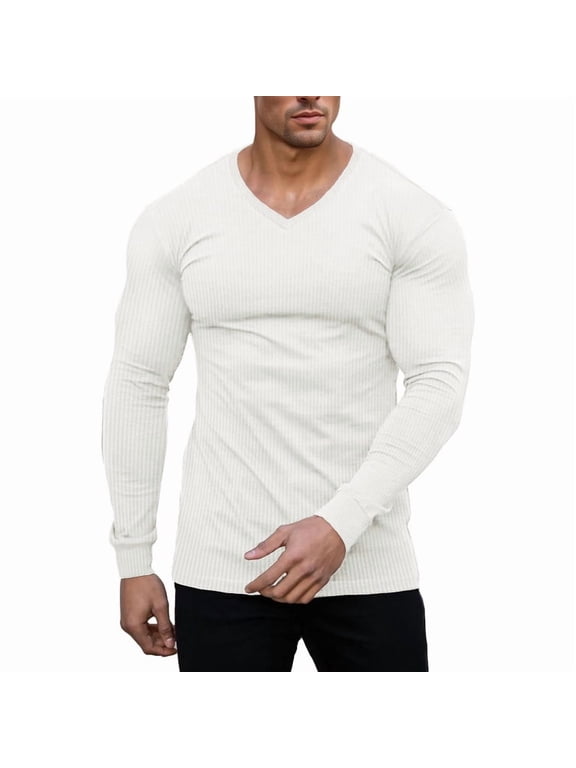 Men's Muscle T-Shirts V Neck Thermal Long Sleeve Tee Casual Ribbed Undershirts White/L